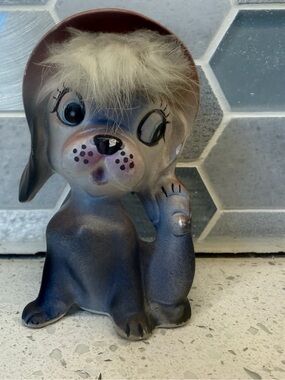 Vintage Blue Porcelain Dog With Soft Hair. Kitschy. Anthropomorphic. Rare. MCM